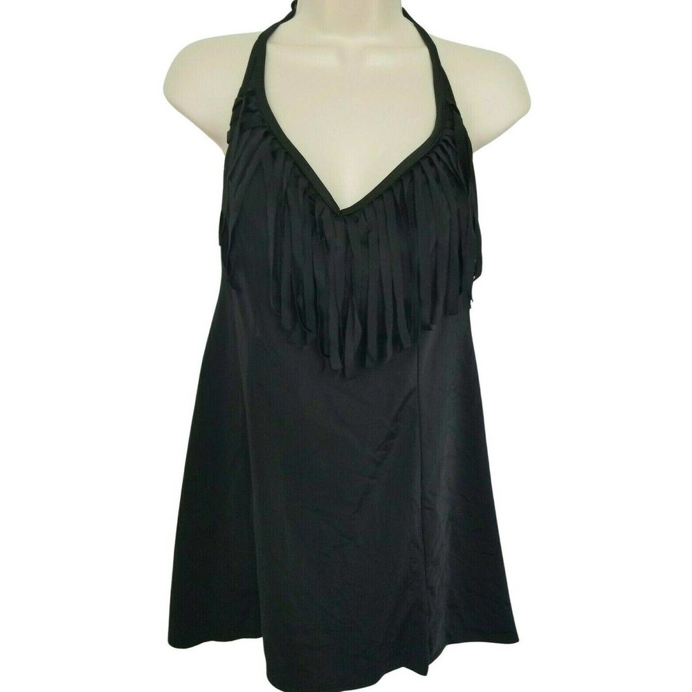 Inches Off One Piece Black Fringe Halter Neck Swim Suit Dress Size 10 NEW